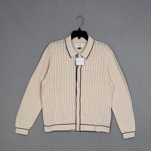 American Eagle Polo Cardigan Mens Medium Tan Striped Button Front Retro Preppy